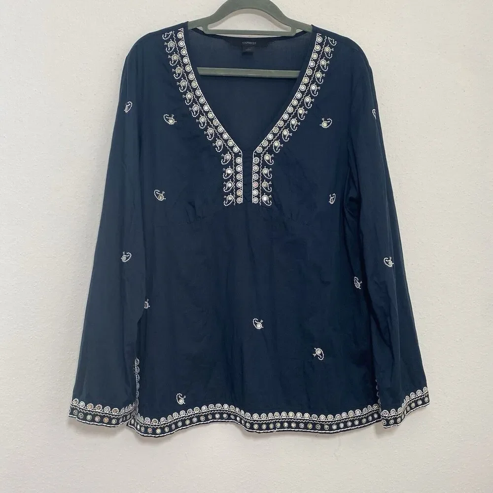 Express Womens Cotton Babydoll Bell Sleeve V Neck Sequin Top Size L Y2K Fairy - Picture 2 of 12